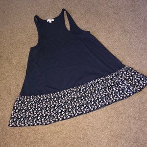 Navy racer back tank with floral ruffle